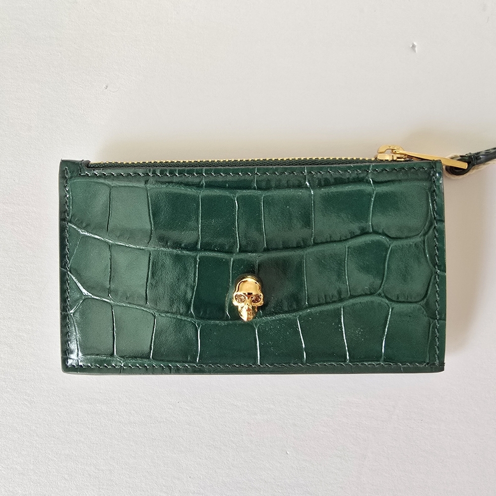 Alexander McQueen Croc-Embossed Leather Skull Card Holder Green Gold